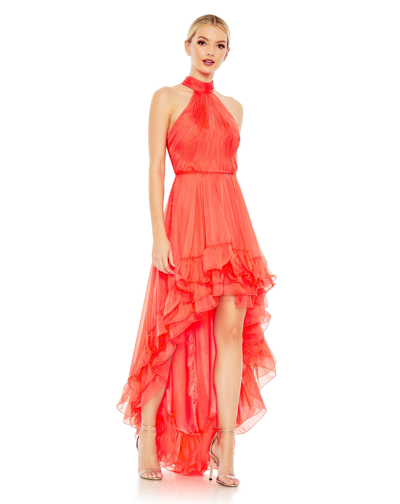 Shop Ieena For Mac Duggal Ruffle Tiered High Low Pleated Halter Neck Gown In Tangerine