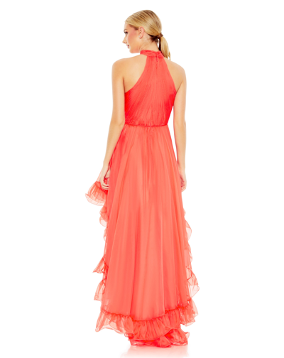 Mac Duggal Ruffle Tiered High Low Pleated Halter Neck Gown In Tangerine