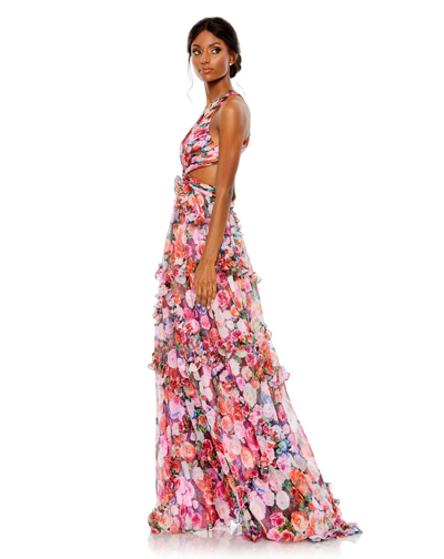 Shop Mac Duggal Ruffled Cut Out Sleeveless Gown In Multi