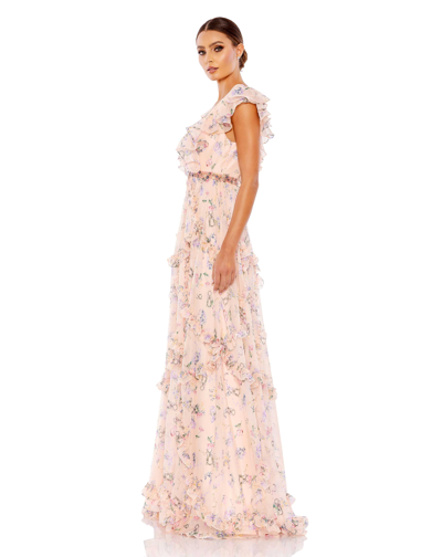 Ieena For Mac Duggal Ruffled Floral Print Cap Sleeve Gown In Pink/multi ...