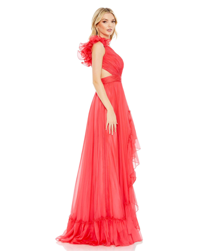 Shop Mac Duggal Ruffled One Shoulder Asymmetrical Gown In Cherry