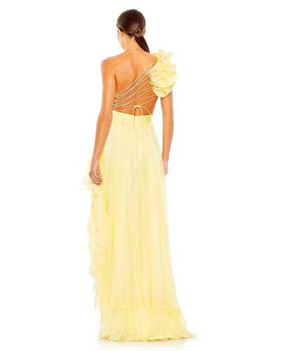 Shop Mac Duggal Ruffled One Shoulder Asymmetrical Gown In Butter