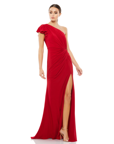 Shop Mac Duggal Ruffled One Shoulder Draped Gown In Red