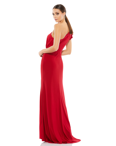 Shop Mac Duggal Ruffled One Shoulder Draped Gown In Red