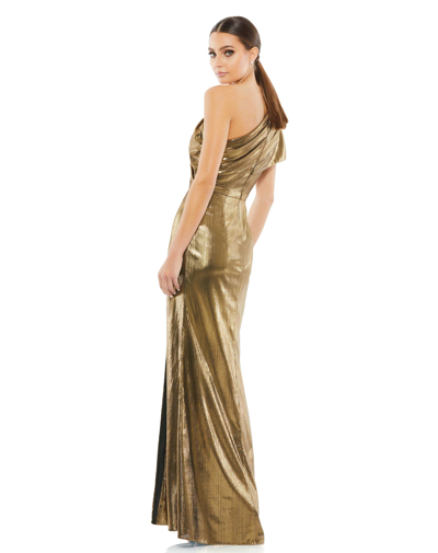 Ieena For Mac Duggal Ruffled One Shoulder Metallic Evening Gown In Bronze