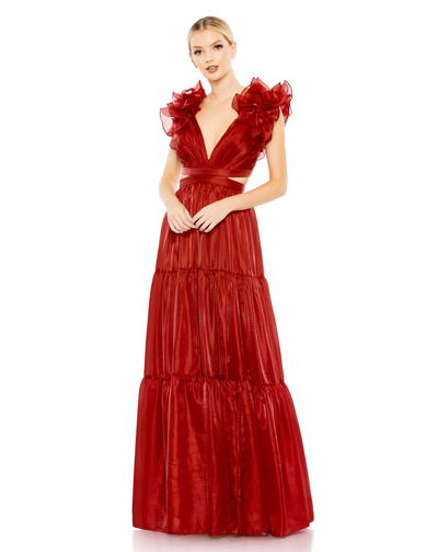 Shop Mac Duggal Ruffled Shoulder Cut Out Soft Tie Back Tiered Gown In Wine