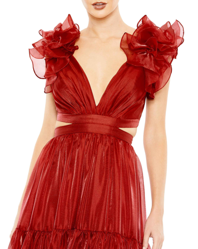 Shop Mac Duggal Ruffled Shoulder Cut Out Soft Tie Back Tiered Gown In Wine