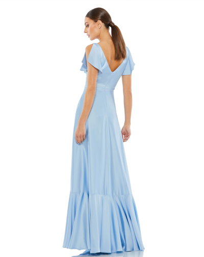 Ieena For Mac Duggal Satin Flounce Split Sleeve Gown In Periwinkle
