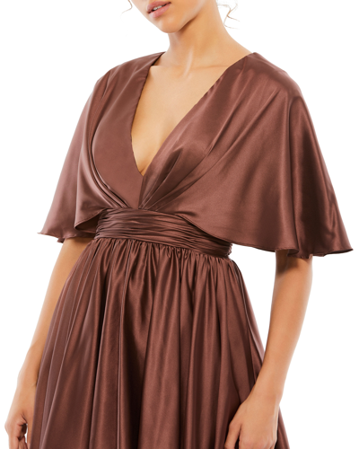 Shop Ieena For Mac Duggal Satin Flowy Cape Sleeve Mini Dress In Chocolate
