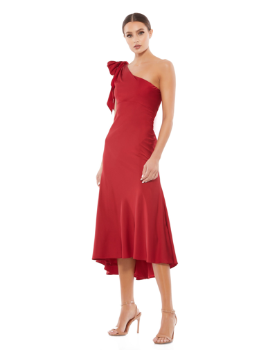 Shop Ieena For Mac Duggal Satin One Shoulder Midi Dress - Final Sale In Deep Red