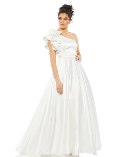 Shop Mac Duggal Satin Ruffle Sleeve Ball Gown In White