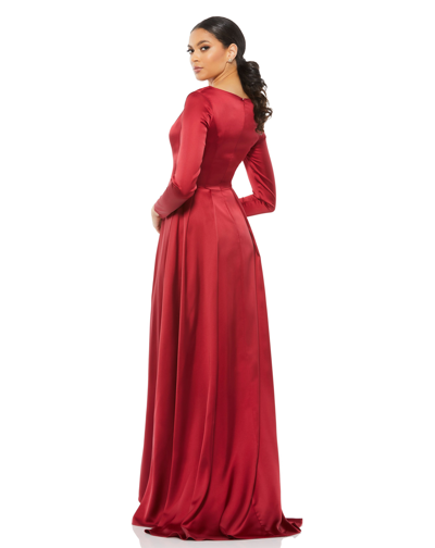 Shop Ieena For Mac Duggal Satin V Neck Long Sleeve Pleated Gown In Wine