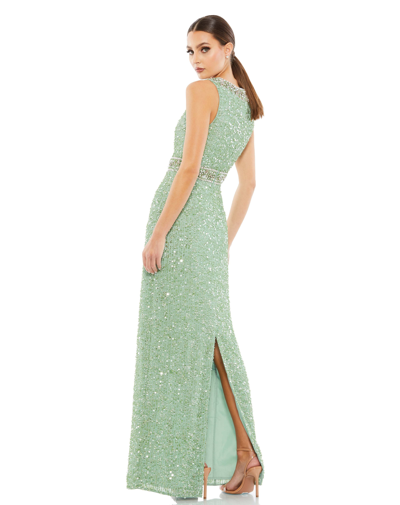 Shop Mac Duggal Sequined Sleeveless Embellished Neckline Gown In Mint