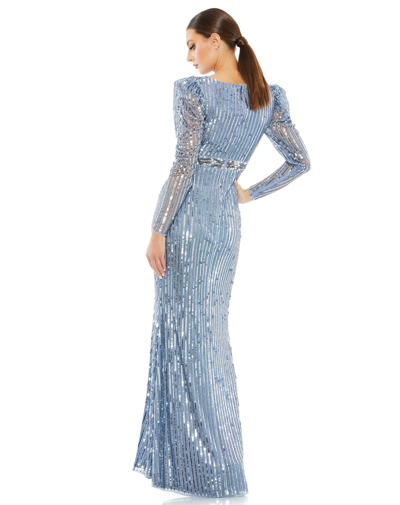 Shop Mac Duggal Sequin Puff Sleeve Surplice Gown In Slate Blue