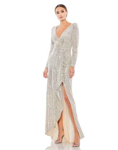 Shop Ieena For Mac Duggal Sequined Faux Wrap Long Sleeve Gown In Silver
