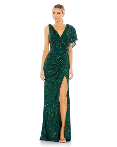 Shop Ieena For Mac Duggal Sequined Asymmetrical Draped Trumpet Gown In Emerald Green