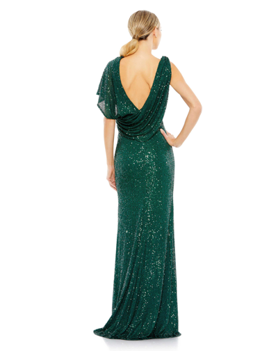 Shop Ieena For Mac Duggal Sequined Asymmetrical Draped Trumpet Gown In Emerald Green