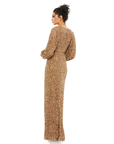 Shop Mac Duggal Sequined Puff Sleeve V Neck Gown In Bronze