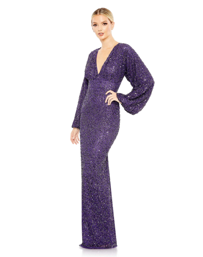 Shop Mac Duggal Sequined Puff Sleeve V Neck Gown In Amethyst