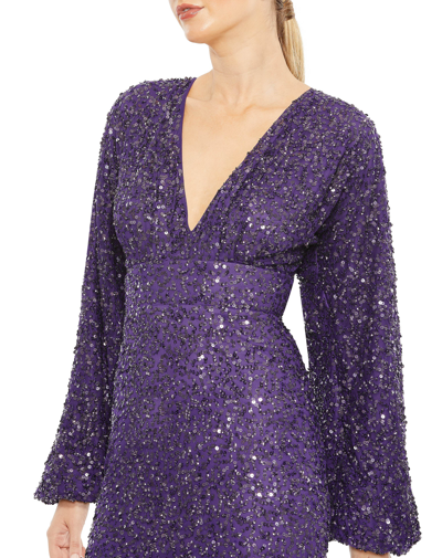Shop Mac Duggal Sequined Puff Sleeve V Neck Gown In Amethyst