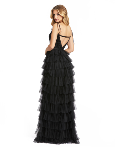 Shop Mac Duggal Sequined Bustier Tiered Ruffle Gown In Black