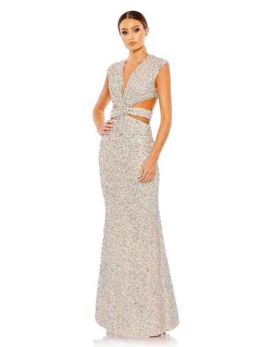 Shop Mac Duggal Sequined Cap Sleeveless Plunge Neck Cut Out Gown In Nude/silver