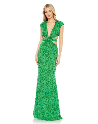 Shop Mac Duggal Sequined Cap Sleeve Plunge Neck Cut Out Gown In Spring Green