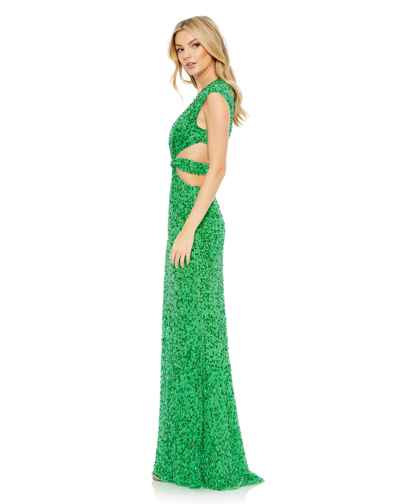 Shop Mac Duggal Sequined Cap Sleeve Plunge Neck Cut Out Gown In Spring Green