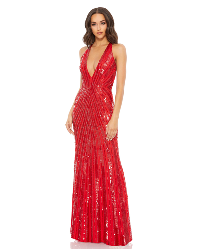 Shop Mac Duggal Sequined Deep V Strappy Open Back Gown In Red