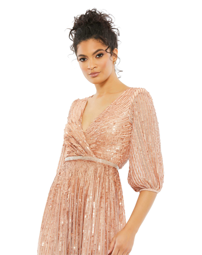 Shop Mac Duggal Sequined Wrap Over 3/4 Sleeve Gown In Apricot