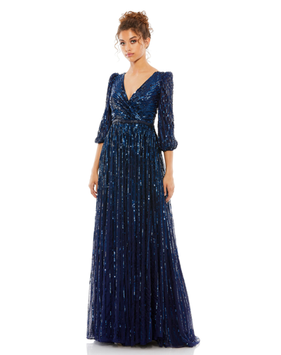 Shop Mac Duggal Sequined Wrap Over 3/4 Sleeve Gown In Midnight