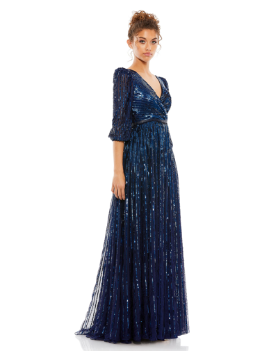Shop Mac Duggal Sequined Wrap Over 3/4 Sleeve Gown In Midnight