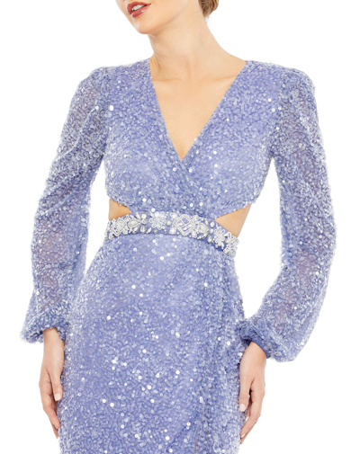 Shop Mac Duggal Sequined Faux Wrap Cut Out Puff Sleeve Gown In Lilac