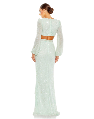 Shop Mac Duggal Sequined Faux Wrap Cut Out Puff Sleeve Gown In Soft Mint