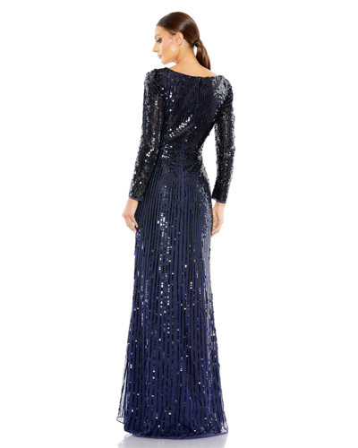 Shop Mac Duggal Sequined Faux Wrap Long Sleeve Gown In Midnight