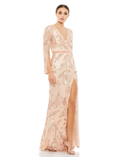 Shop Mac Duggal Sequined Faux Wrap Split Long Sleeve Gown In Rose Gold
