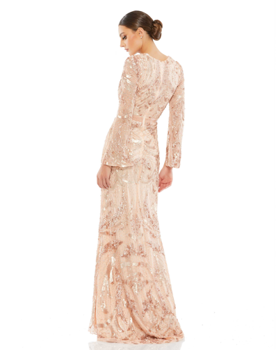 Mac Duggal Sequined Faux Wrap Split Long Sleeve Gown In Rose Gold