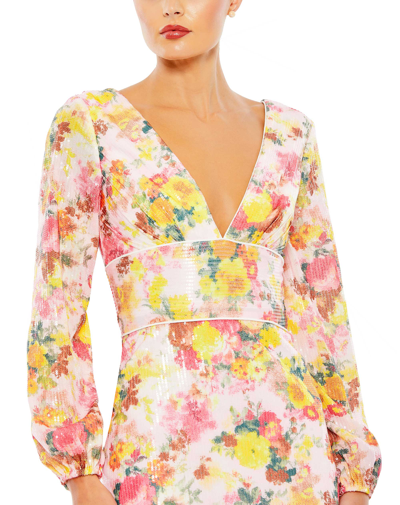 Mac Duggal Sequined Floral Long Sleeve Mini Dress In Pink/multi