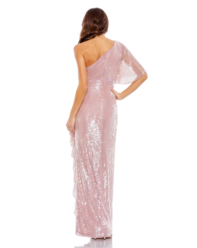 Mac Duggal Sequined Flutter Sleeve One Shoulder Draped Gown In Mauve