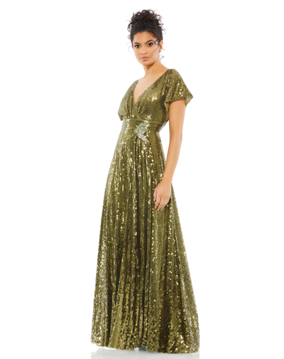 Shop Mac Duggal Sequined Butterfly Sleeve Wrap Over A Line Gown In Olive