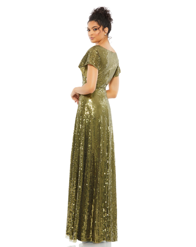 Shop Mac Duggal Sequined Butterfly Sleeve Wrap Over A Line Gown In Olive