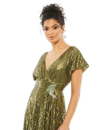 Shop Mac Duggal Sequined Butterfly Sleeve Wrap Over A Line Gown In Olive