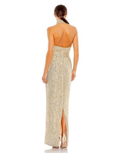 Mac Duggal Sequined Halter Neck Beltered Soft Tie Dress In Champagne