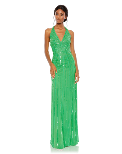 Shop Mac Duggal Sequined Halter Strap V Neck Column Gown In Spring Green