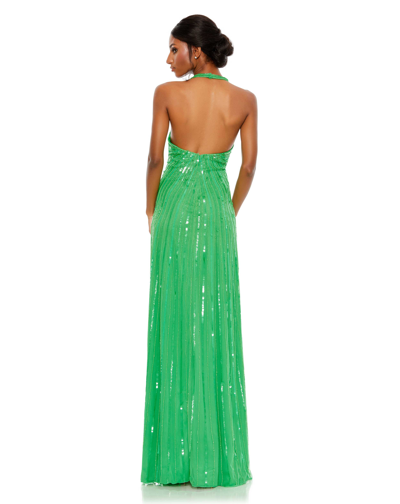 Shop Mac Duggal Sequined Halter Strap V Neck Column Gown In Spring Green