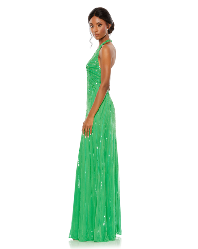 Shop Mac Duggal Sequined Halter Strap V Neck Column Gown In Spring Green