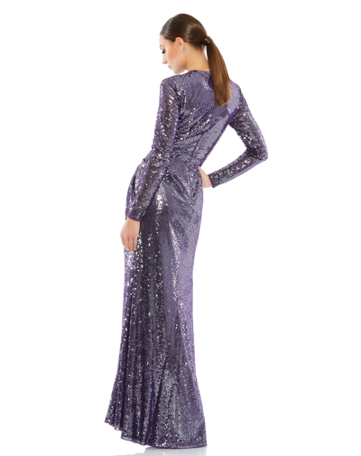 Shop Mac Duggal Sequined High Neck Long Sleeve Draped Gown In Dark Amethyst