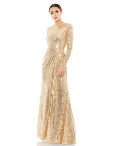 Shop Mac Duggal Sequined High Neck Long Sleeve Draped Gown In Gold