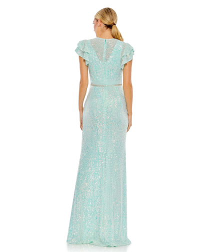 Ieena For Mac Duggal Sequined High Neck Flutter Sleeve Gown In Ice Blue