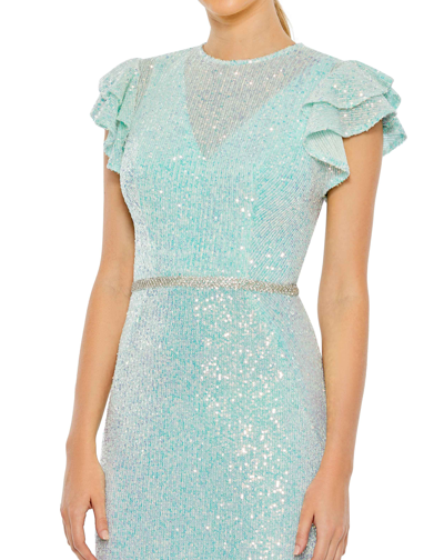 Ieena For Mac Duggal Sequined High Neck Flutter Sleeve Gown In Ice Blue